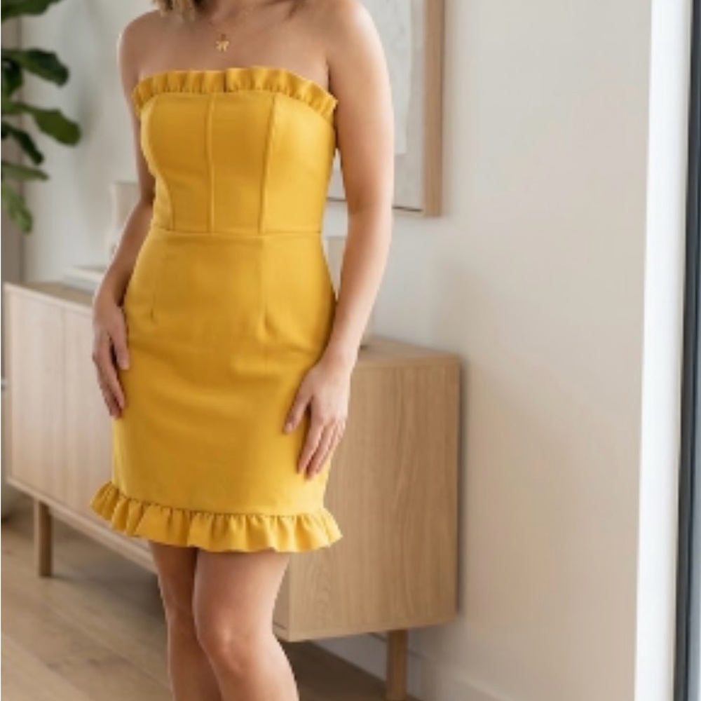 Lulu's Strapless Ruffle Trim Yellow Mini Dress